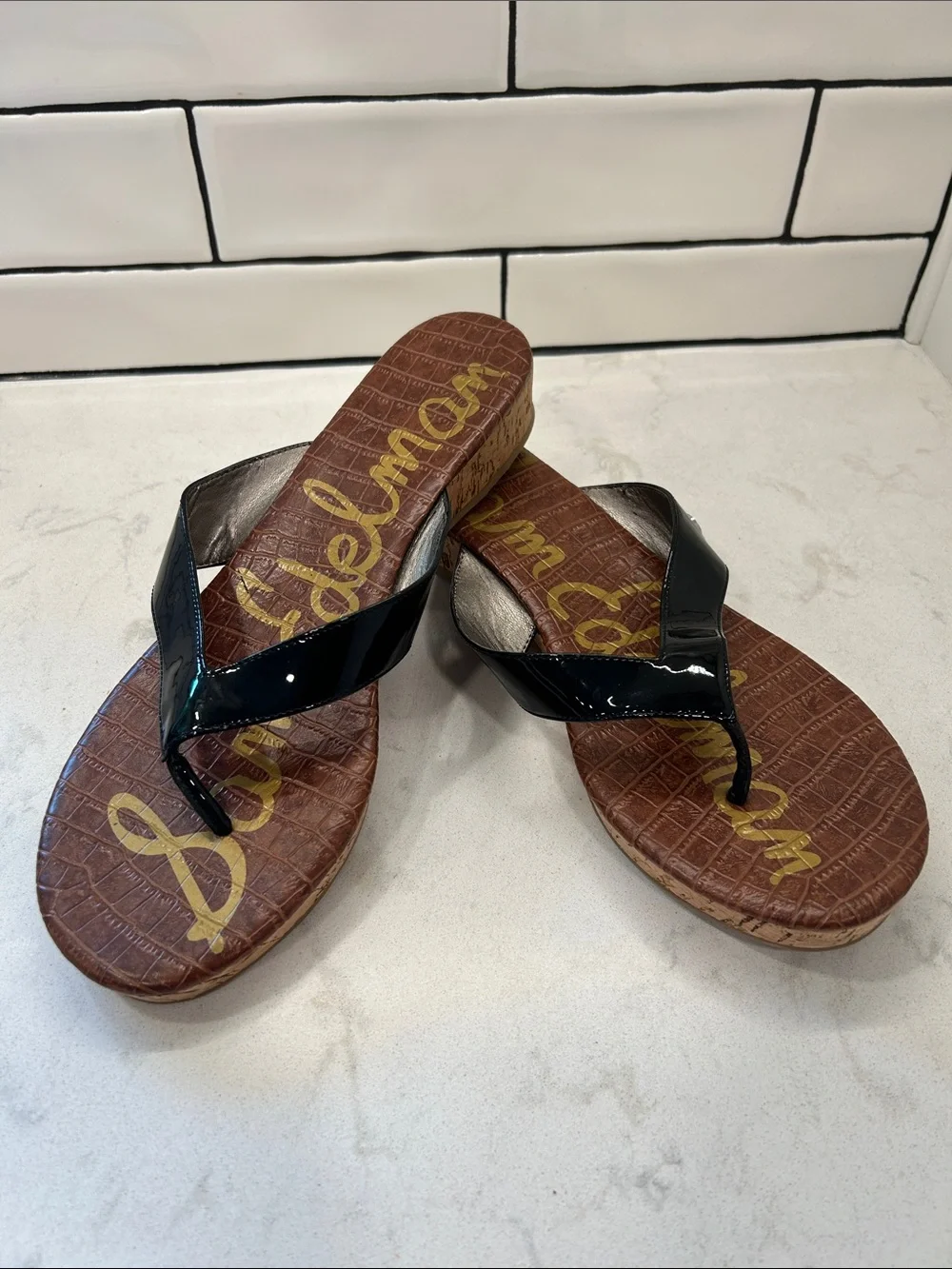 Sam Edelman Women’s Tanya Cork Wedge Sandals Black Patent Leather SlipOn 12 M